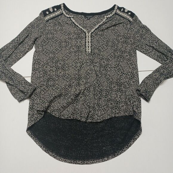 Lucky Brand Tops - Lucky Brand Womens S Boho High Low Split Back Black Embroidered Paisley Shirt